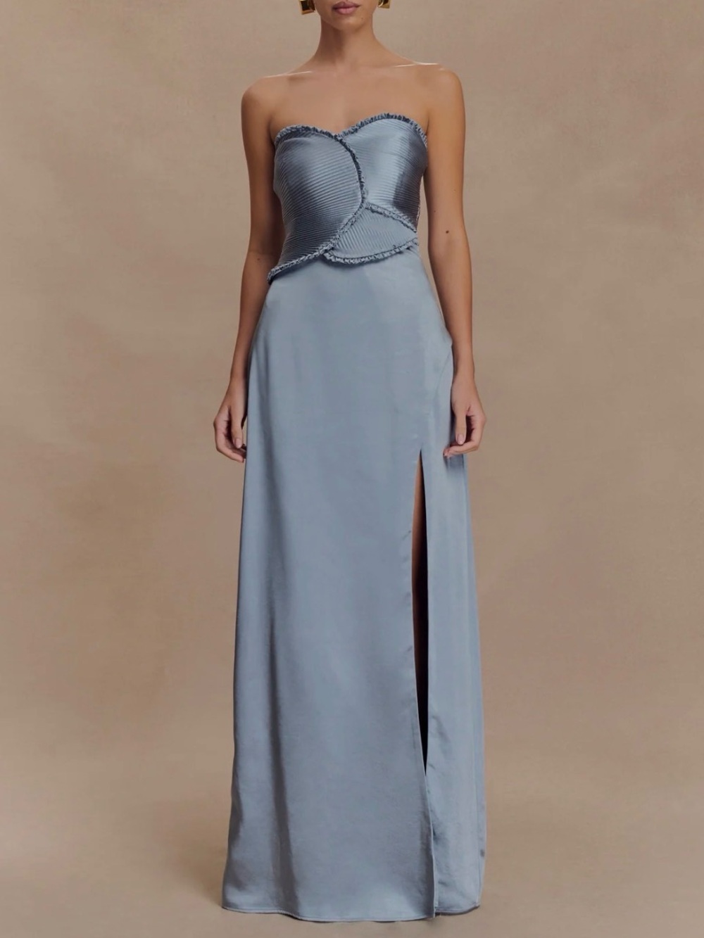 NWT Larissa Satin Maxi Dress With Ruched Petals - Frosted Blue